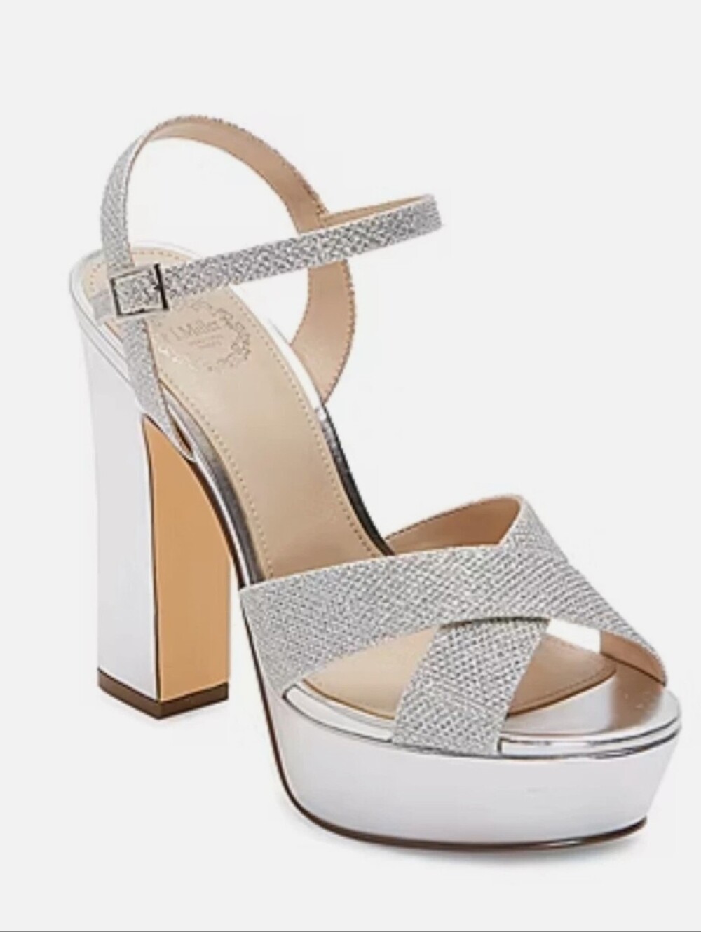 I Miller Silver Samien Sparkle Strappy Block Heels Womens